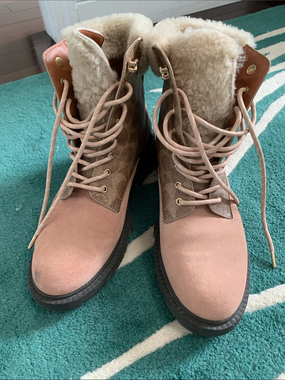 Coach Pink Lace-Up Shearling-Trim Combat Boots